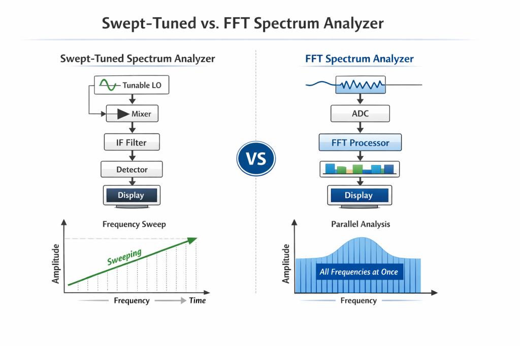 Comparison of swept-tuned and FFT spectrum analyzers in speed and signal capture