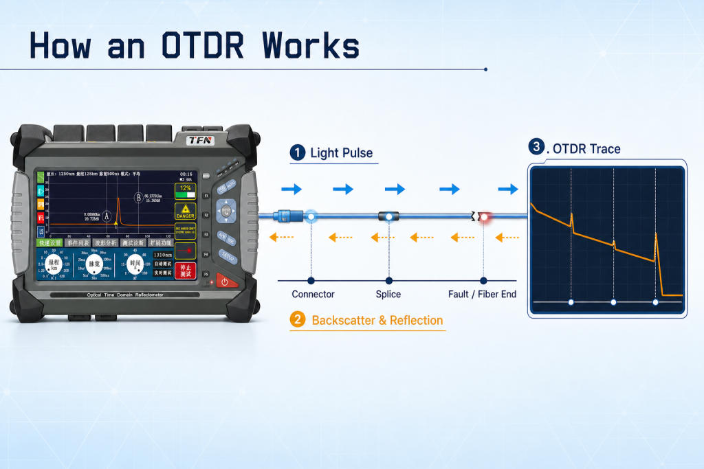 Diagram showing how an OTDR sends light pulses through a fiber link and analyzes backscatter and reflections on a trace