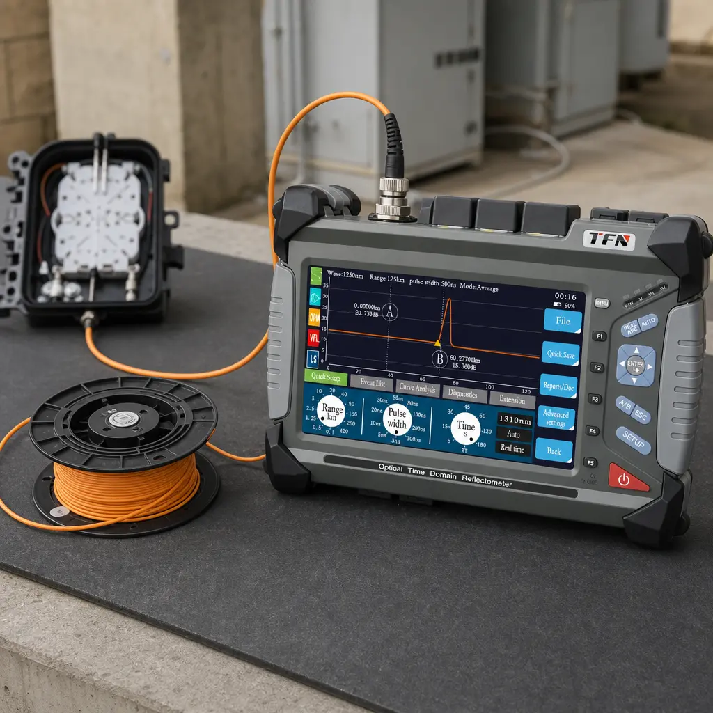 Fiber technician setting up a TFN F7 OTDR for field testing on an outdoor fiber link