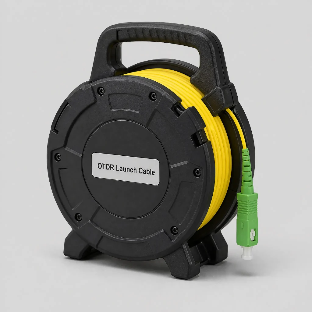 OTDR launch cable spool connected between a TFN F7 OTDR and a fiber patch panel during field testing 